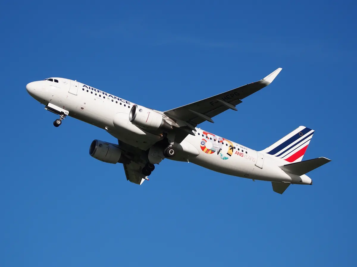 Um Airbus A320 da Air France com pintura especial subindo contra um céu de azul intenso.