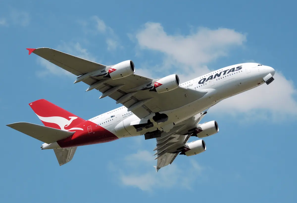 Um Airbus A380 da Qantas subindo após a decolagem, visto de baixo contra um céu azul com nuvens leves.